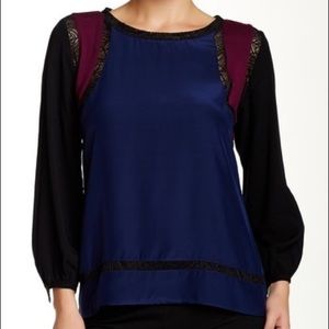 Catherine Malandrino Indigo Lace Trim Blouse S 4